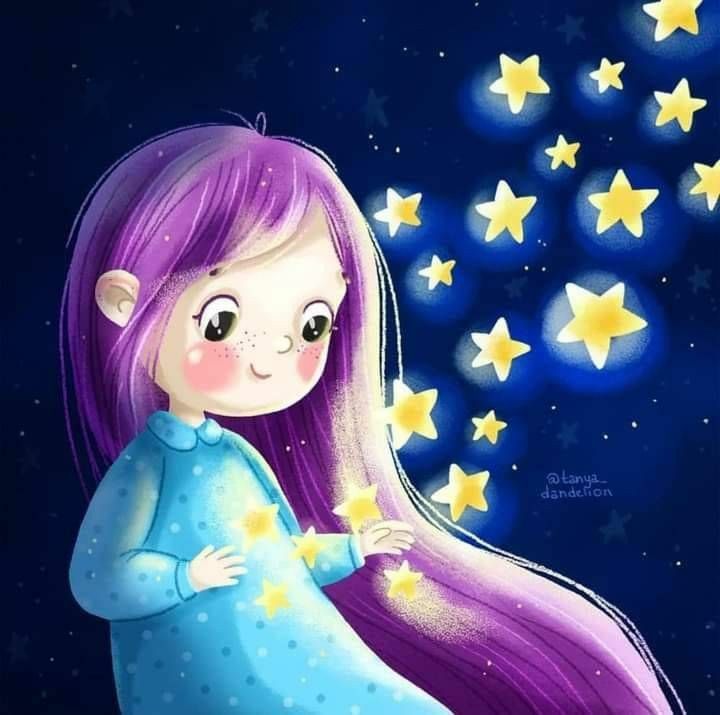menininha dos cabelos roxos e estrelas brilhantes